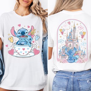 The image is a collage of two pictures. The left image shows a woman wearing a white t-shirt with a cartoon character and a castle, while the right image shows the back of the same woman wearing a white t-shirt with a castle and a character.