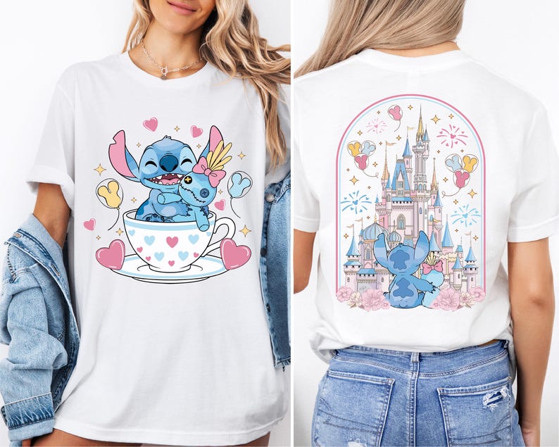 The image is a collage of two pictures. The left image shows a woman wearing a white t-shirt with a cartoon character and a castle, while the right image shows the back of the same woman wearing a white t-shirt with a castle and a character.