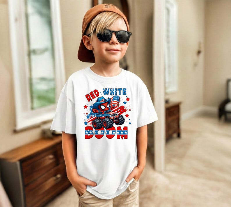 A young boy wearing a white t-shirt with a graphic design and sunglasses stands in a room.