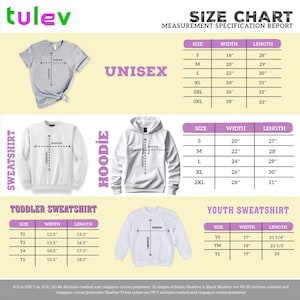 The image is a size chart for children's clothing, including a toddler sweatshirt and a youth sweatshirt. The chart provides measurements for different sizes, such as S, M, L, XL, XXL, and 3XL, along with corresponding widths and lengths. The chart is designed to help parents and caregivers determine the appropriate size for their child based on their height and weight.