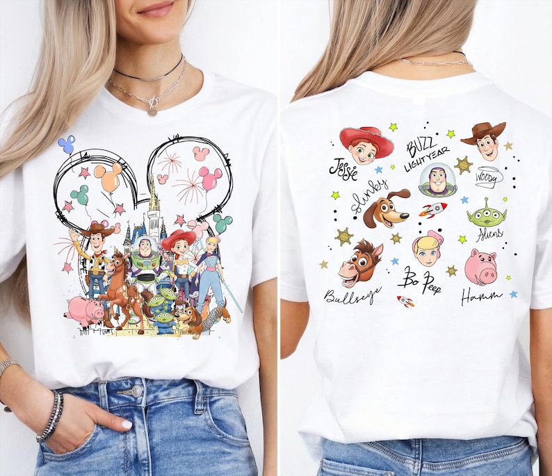 The image is a collage of two photos featuring a white t-shirt with a Disney-themed design. The design includes characters from the Toy Story franchise, such as Woody, Buzz Lightyear, and other beloved characters from the movie.