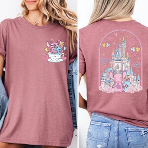 The image is a collage of two photos featuring a woman wearing a pink t-shirt with a castle and a cup of tea graphic on it.