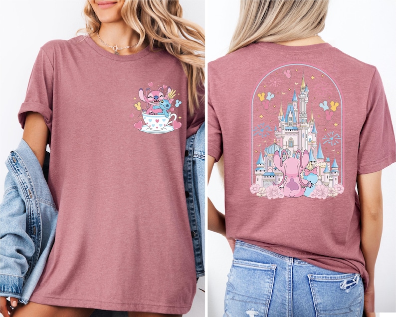 The image is a collage of two photos featuring a woman wearing a pink t-shirt with a castle and a cup of tea graphic on it.