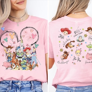 The image is a collage of two photos featuring a pink t-shirt with a cartoon character design and various Disney characters.