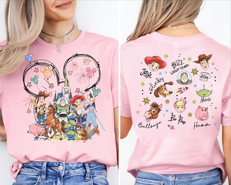 The image is a collage of two photos featuring a pink t-shirt with a cartoon character design and various Disney characters.