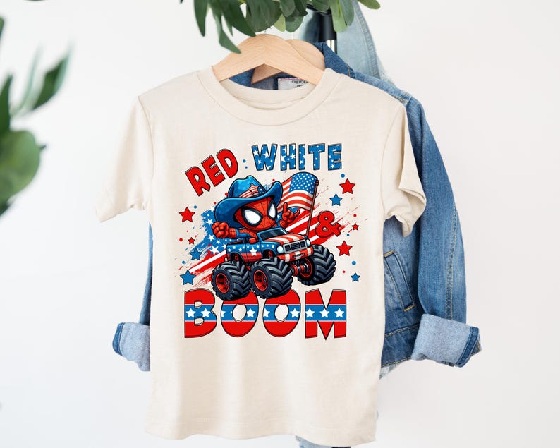 A white t-shirt with a graphic design featuring a Spider-Man character and the text "RED WHITE BOOM" printed on it.