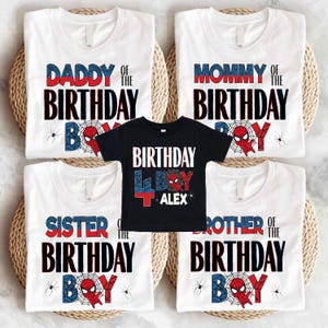 a collection of birthday t-shirts with the text "DADDY OF THE BIRTHDAY BOY" and "SISTER OF THE BIRTHDAY BOY" printed on them.