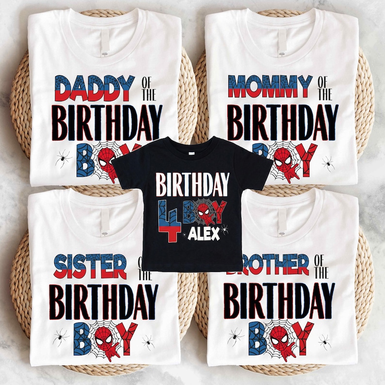 a collection of birthday t-shirts with the text "DADDY OF THE BIRTHDAY BOY" and "SISTER OF THE BIRTHDAY BOY" printed on them.