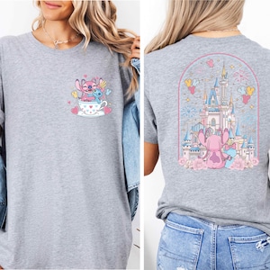 The image is a collage of two photos of a woman wearing a gray t-shirt with a cartoon character and a castle on the back.