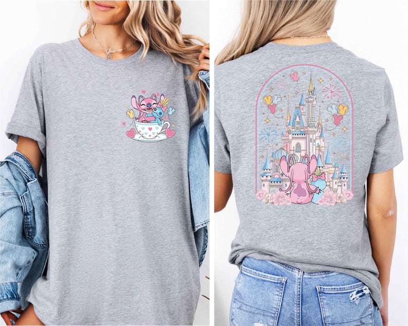The image is a collage of two photos of a woman wearing a gray t-shirt with a cartoon character and a castle on the back.