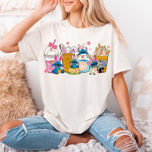 Disney Stitch Easter Day Coffee Shirt, Easter Coffee Lover T-Shirt, Angel Bunny Sweatshirt, Bunny & Coffee Lover Shirt, Teacher Easter Tees
