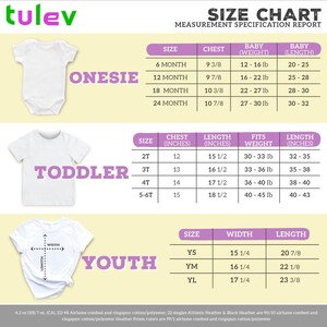 a size chart for children's clothing, including a white onesie, a white t-shirt, and a white youth shirt. The chart provides measurements for different age groups, such as 6-month-old, 12-month-old, 18-month-old, and 24-month-old, along with corresponding chest, waist, and length measurements. The chart also includes a toddler size chart with measurements for 2-3-year-old children, and a youth size chart with measurements for young children.