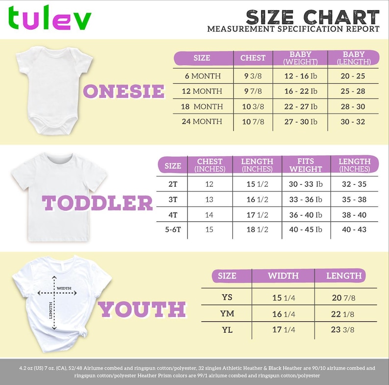 a size chart for children's clothing, including a white onesie, a white t-shirt, and a white youth shirt. The chart provides measurements for different age groups, such as 6-month-old, 12-month-old, 18-month-old, and 24-month-old, along with corresponding chest, waist, and length measurements. The chart also includes a toddler size chart with measurements for 2-3-year-old children, and a youth size chart with measurements for young children.