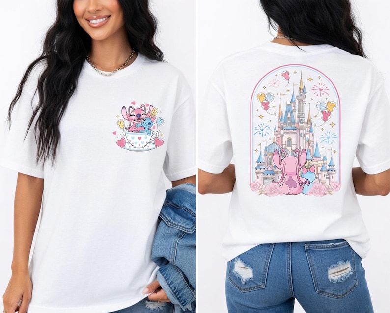 A woman wearing a white t-shirt with a cartoon castle and a pink character on the front, and a graphic of a castle and pink character on the back.