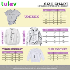 The image is a size chart for Tulev clothing items, including a gray t-shirt, a white hoodie, and a white sweatshirt. The chart provides measurements for different sizes, such as S, M, L, XL, XXL, and YS, as well as the corresponding widths and lengths.