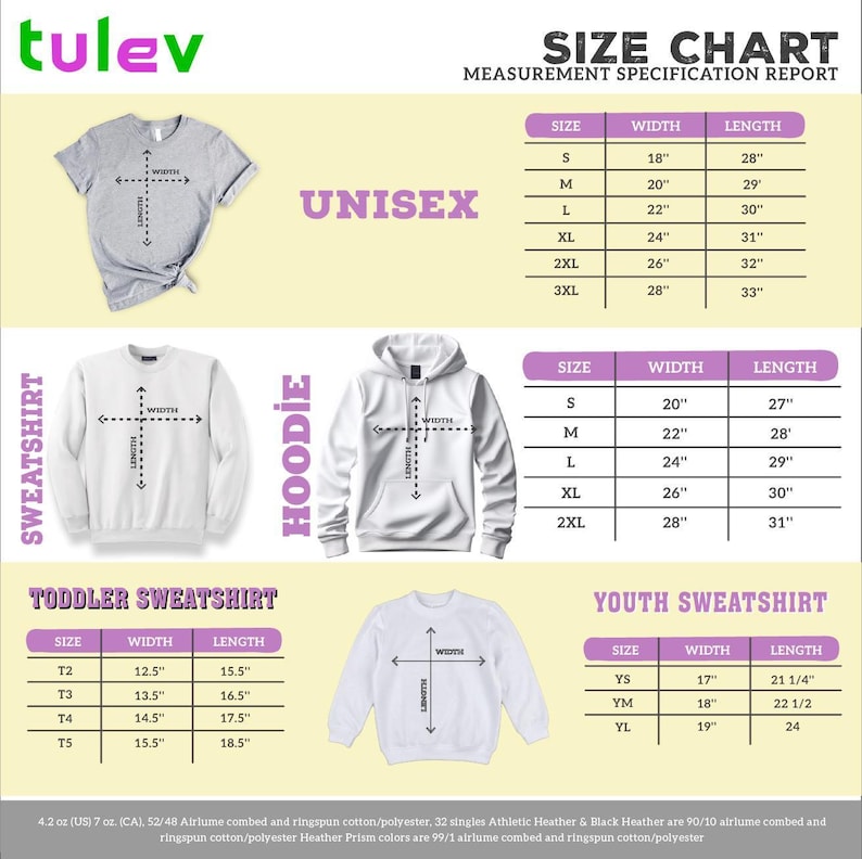 The image is a size chart for Tulev clothing items, including a gray t-shirt, a white hoodie, and a white sweatshirt. The chart provides measurements for different sizes, such as S, M, L, XL, XXL, and YS, as well as the corresponding widths and lengths.