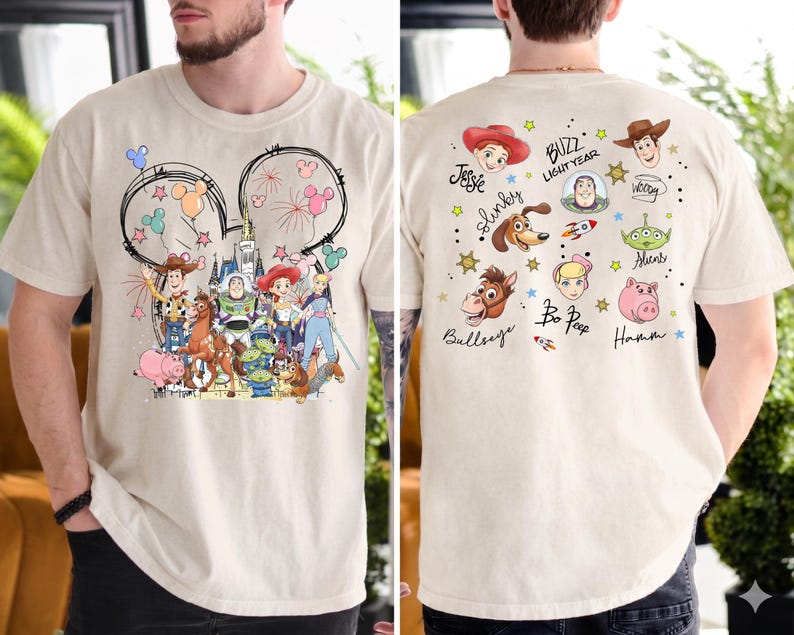The image is a collage of two photos. The left photo shows a person wearing a white t-shirt with a cartoon character design featuring various characters from the Toy Story franchise. The right photo shows the back of the same person's t-shirt, featuring a variety of cartoon characters and a signature.