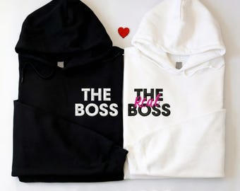 Embroidered Couple Hoodie: Boss and Real Boss Sweatshirt, Embroidery Valentine Day Sweater, Embroidered Wife and Hubby Sweatshirt