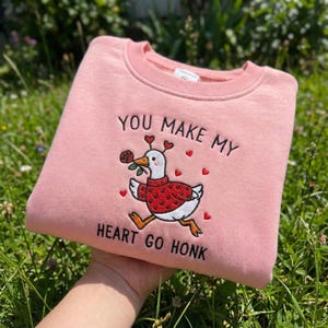 Embroidered Valentine Goose Sweatshirt: Valentine's Day Sweater, Embroidery Anniversary Sweatshirt, Romantic Goose Hoodie