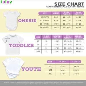 The image is a size chart for baby and toddler clothing, providing measurements and corresponding clothing sizes for different age groups.