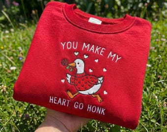 Embroidered Valentine Goose Sweatshirt: Valentine's Day Sweater, Embroidery Anniversary Sweatshirt, Romantic Goose Hoodie