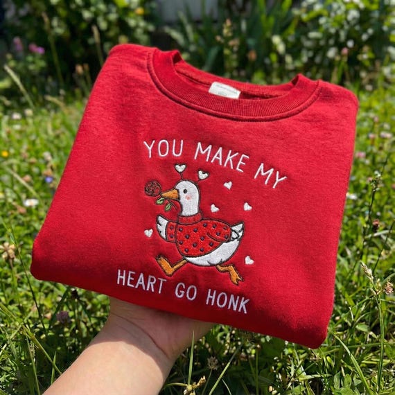 Embroidered Valentine Goose Sweatshirt: Valentine's Day Sweater, Embroidery Anniversary Sweatshirt, Romantic Goose Hoodie