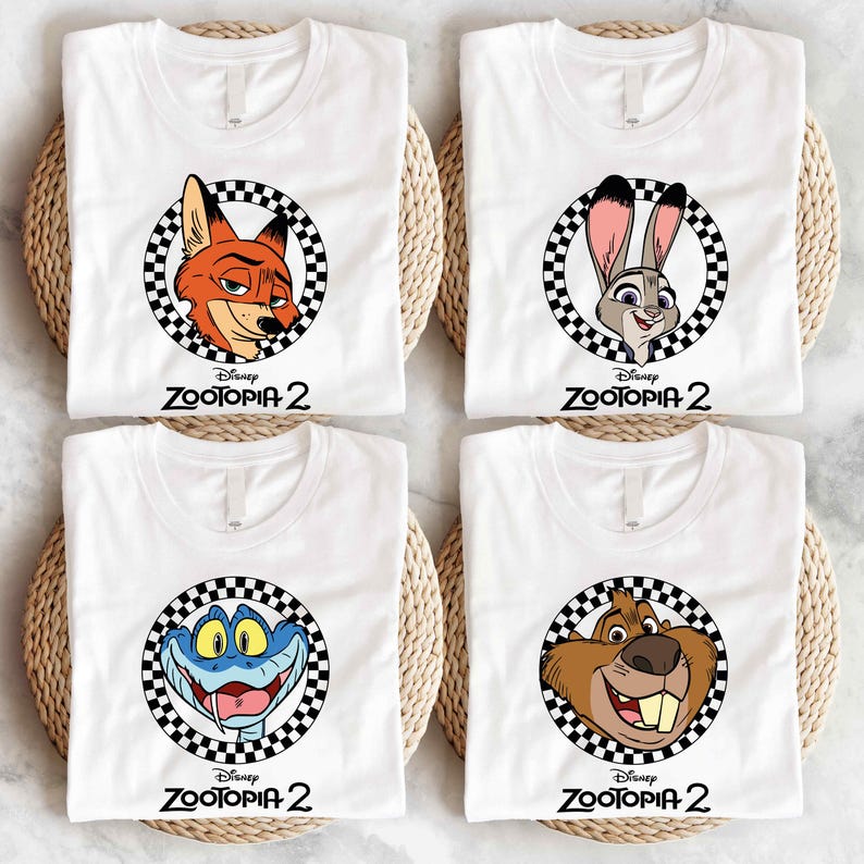 four white t-shirts with cartoon character logos from the Disney movie "Zootopia 2".