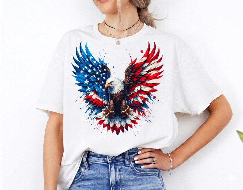 A woman wearing a white t-shirt with an American eagle design and red, white, and blue colors.