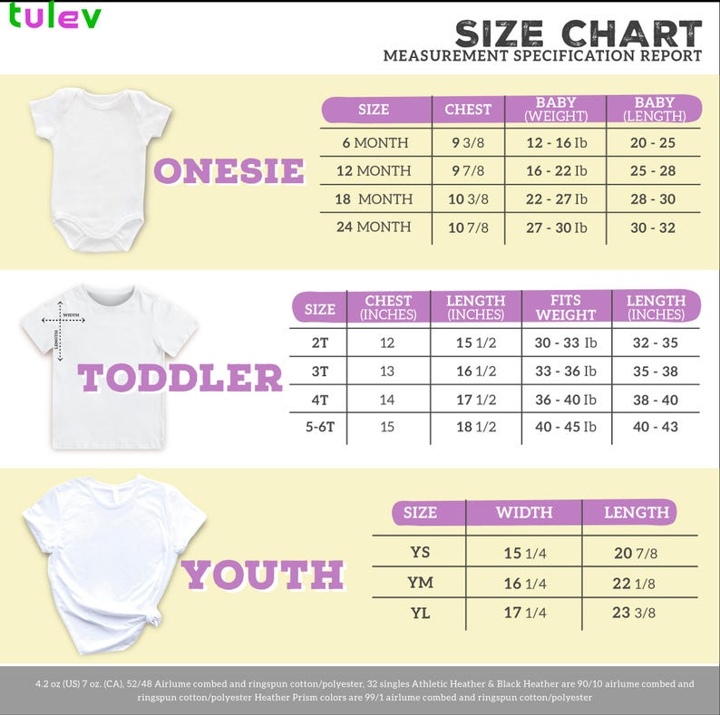 The image is a size chart for baby and toddler clothing, providing measurements and corresponding clothing sizes for different age groups.