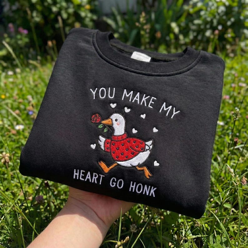 Embroidered Valentine Goose Sweatshirt: Valentine's Day Sweater, Embroidery Anniversary Sweatshirt, Romantic Goose Hoodie