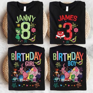 May include: Four black t-shirts with colorful graphics featuring characters from the movie Inside Out. The shirts are personalized with names and ages, including "Janny 8" and "James 3". The shirts also include the text "Birthday Girl" and "Birthday Boy".