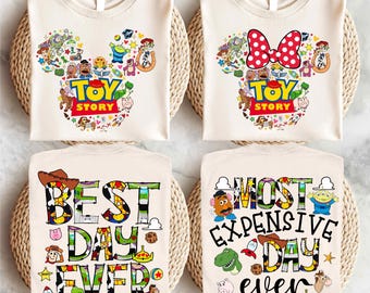 Camiseta "El mejor día de Toy Story", suéter de Buzz Lightyear, camiseta de Disney con el viaje de Jessie, camiseta de T-Rex, camiseta de Woody, camiseta con la cabeza de Mickey y Minnie.