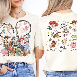 The image is a collage of two photos featuring a woman wearing a white t-shirt with a cartoon-style design of characters from the Toy Story franchise.