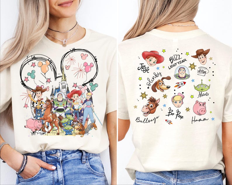 The image is a collage of two photos featuring a woman wearing a white t-shirt with a cartoon-style design of characters from the Toy Story franchise.