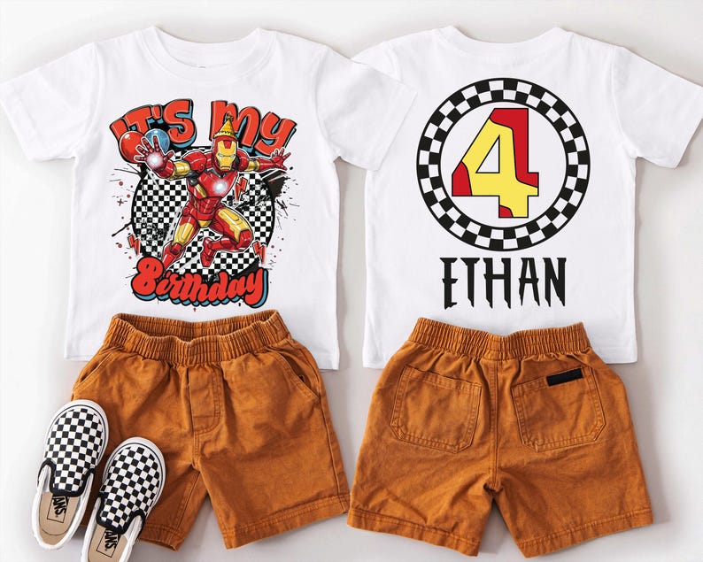 A white t-shirt with a graphic design and the number 4, along with a pair of brown shorts and black and white checkered sneakers.