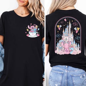 The image is a collage of two photos. In the first photo, a woman is wearing a black t-shirt with a graphic of a castle and a cup of tea. In the second photo, the woman is wearing a black t-shirt with a graphic of a castle and a cup of tea.