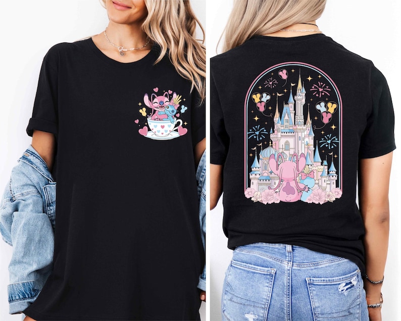 The image is a collage of two photos. In the first photo, a woman is wearing a black t-shirt with a graphic of a castle and a cup of tea. In the second photo, the woman is wearing a black t-shirt with a graphic of a castle and a cup of tea.