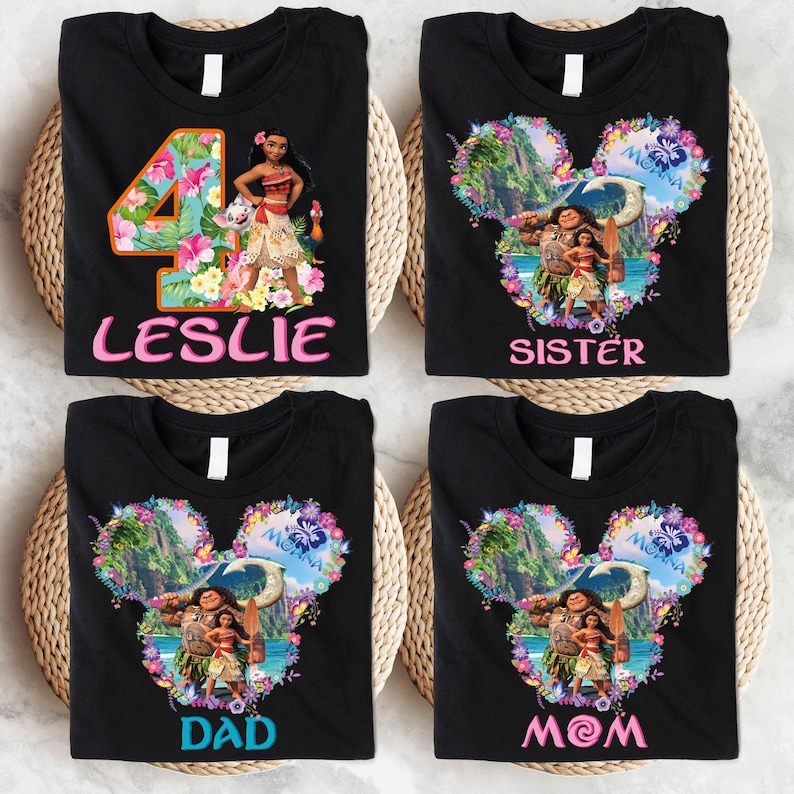 a set of four personalized disney shirts