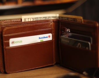 Personalisierte Leder Geldbörse, zweifache Brieftasche mit Gravur, Geschenk für Männer