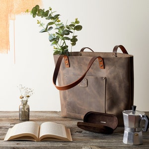 Sac fourre-tout en cuir, sac d'université en cuir souple, sac de week-end, grand fourre-tout avec poche, cadeau de mariage cadeau fête des mères sac cadeau fête des mères