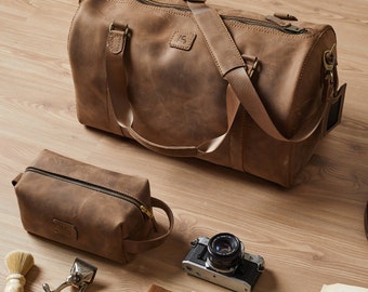 Personalized Full Grain Leather Duffel Bag: Monogrammed Weekend Travel Bag