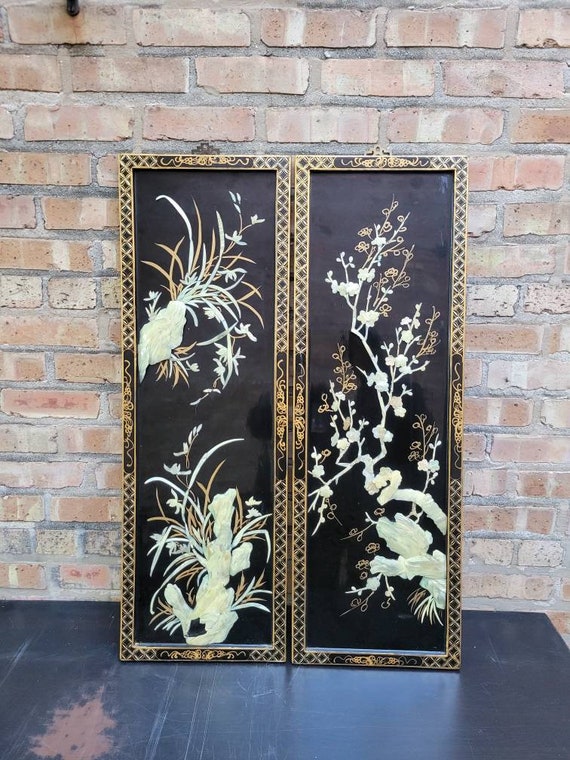 Oriental Black Lacquer Wall Panels Mother of Pearl set of 2 Etsy