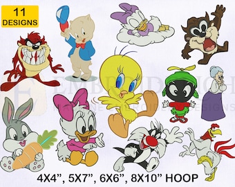 Looney Tune Machine Embroidery Designs Bundle, 4 Sizes EMB Design, Looney Tune Granny, Baby Taz, Pig, Tweety, Rabbit, Duck Embroidery Design