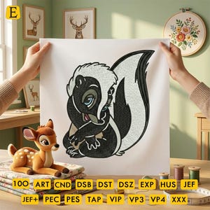 Bambi Flower Skunk Machine Embroidery Design, Embroidery Design, Bambi Skunk Embroidery Design, 4 Sizes Machine Embroidery Designs