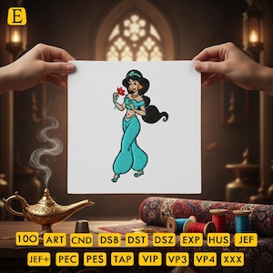 Diseño de bordado de la princesa Jasmine con flores, diseño de bordado de princesa, diseño de bordado de Jasmine, diseños de bordado de Aladdin en 4 tamaños