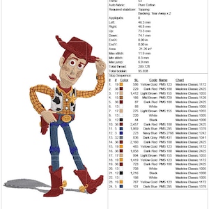 Puede incluir: Dise&ntilde;o bordado de Woody de Toy Story, con una camisa roja, pantalones vaqueros azules y un sombrero de vaquero. El dise&ntilde;o mide 15,24 cm por 15,24 cm e incluye 18.303 puntadas y 9 colores.