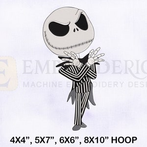 May include: Black and white cartoon embroidery design of Jack Skellington from The Nightmare Before Christmas. The design is available in 4x4, 5x7, 6x6, and 8x10 hoop sizes.