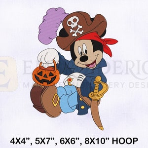 ハロウィンミッキー海賊刺繍デザイン、ハロウィン刺繍デザイン、4サイズの機械刺繍デザイン、ミッキー海賊刺繍デザイン
