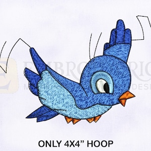 May include: Blue bird embroidery design with a cartoon style, perfect for a 4x4 inch hoop.