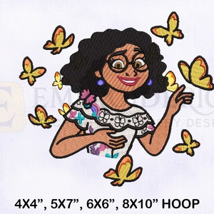 May include: Embroidered design of a woman with dark curly hair wearing a white blouse with colorful embroidery and glasses. She is surrounded by yellow butterflies. The design is suitable for embroidery hoops measuring 4x4 inches, 5x7 inches, 6x6 inches, and 8x10 inches.